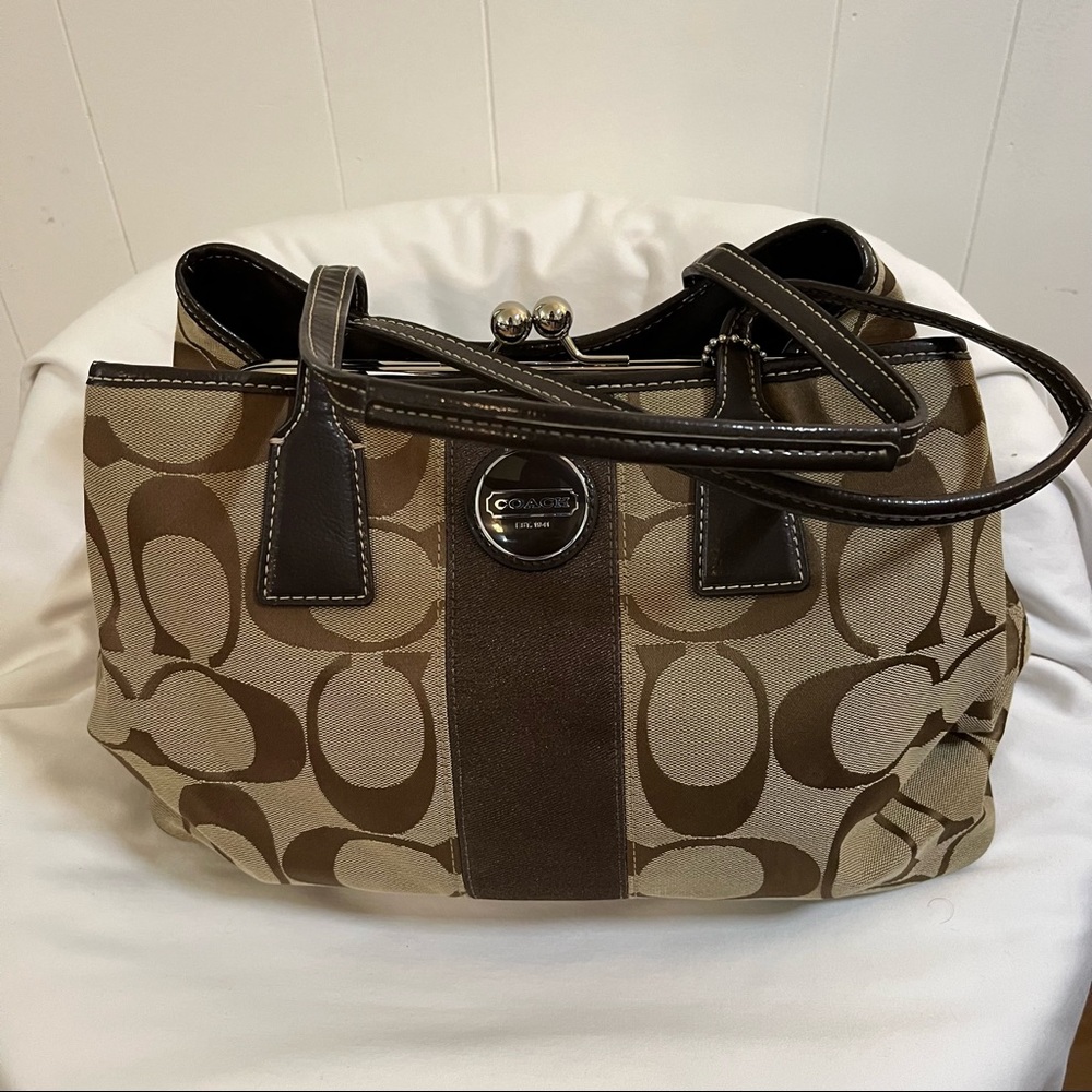 Coach stripe satchel purse bag with clasp brown and tan beige